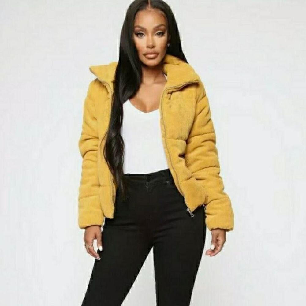 Fashion Nova mustard yellow corduroy puffer jacket size L